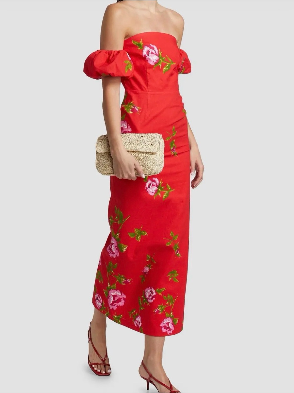 Red One-Shoulder Floral Midi Dress with Puff Sleeve
